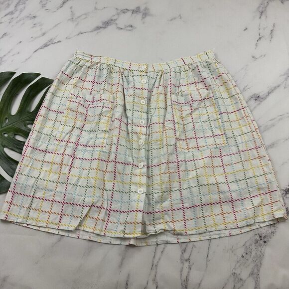 Modcloth A-Line Retro Skirt Size 18 White Rainbow Plaid Button Front Pockets - Picture 1 of 10